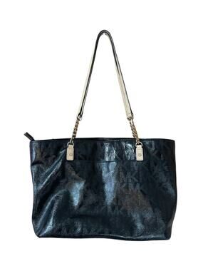 Michael Michael Kors Bag Purse Black MK Monogram Patent Tote Shoulder Chain